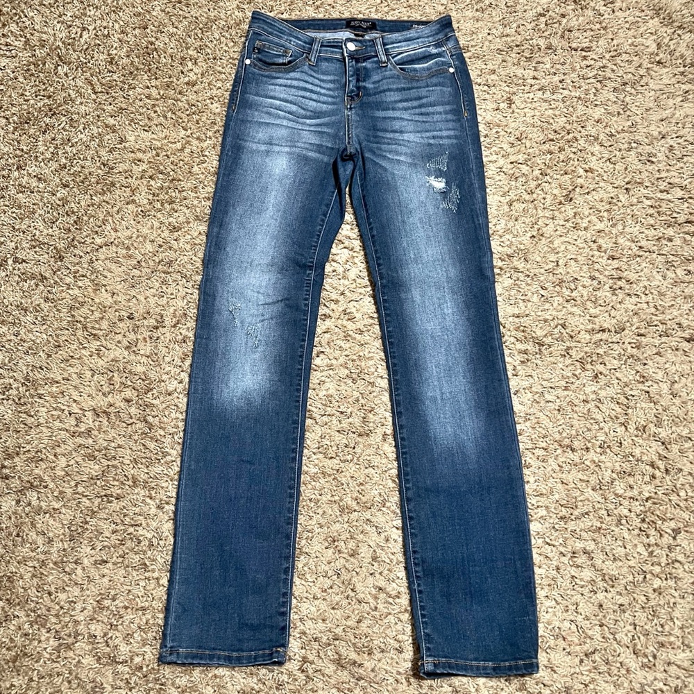 [Judy Blue] Distressed Medium Wash Jeans Straight Fit High Rise Size 28